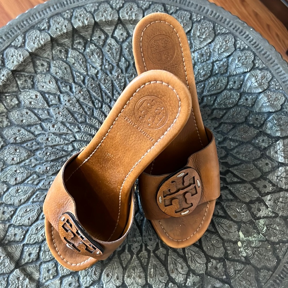 Tory Burch Patti Leather Wedge Logo Sandals (Size 9.5)